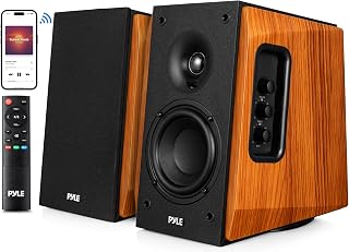 Pyle Powered Bookshelf Speaker System with Bluetooth, 80W Active Stereo Speakers, Bass Reflex Natural Wood Cabinet, Hi Def ARC, Optical, Coax, Subwoofer Out, for Entertainment, Studio (Pair)