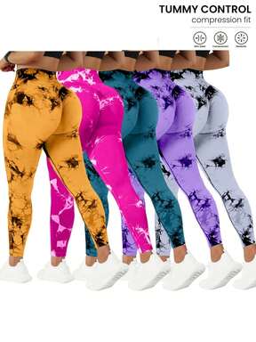 QGU -Pack High Waist Tummy Control Yoga Pants For Women, Summer Tie.Dye Fitness Leggings, Stretchy Running Peach Lift Workout Tights,Assorted Colors $28.6 Flash Sale