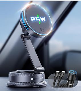 Qi2.2 25W MagSafe Car Mount Charger, Cooling Fan, 75W Fast Adapter | Long Arm Magnetic Wireless Car Charger, 360&deg; Rotating Phone Holder for Car, Car Mount for iPhone 17-12 Series