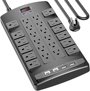 QINLIANF Surge Protector Power Strip - 10Ft Flat Plug Heavy Duty Extension Cord with 24 Outlets and 4 USB Ports(2 USB-C Ports), 1875W/15A, 4100J, for Home, Office, Dorm, ETL Listed, Black
