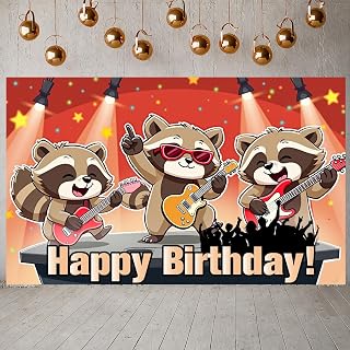 Raccoon Birthday Backdrop Rock Raccoon Band Happy Birthday Banner for Boys Girls Kids Cartoon Raccoon Guitar Rock and Roll Musical Bday Background Photo Booth Props Party Decorations Supplies 71x43In
