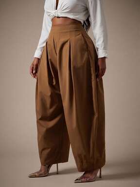 Radiana Plus Size Women's High Waist Pleated Detail Barrel Leg Office Pants  #CocoonSilhouette