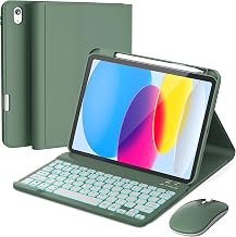 RAYMCRAFT for iPad 11th (A16, 2025) / 10th Generation Case with Keyboard, Mouse and Detachable Wireless Keyboard, 7-Color Backlight, Slim Case with Pencil Holder, Dark Green