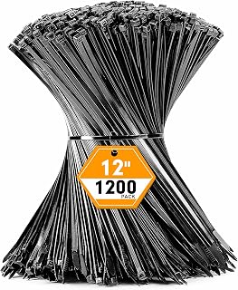 RAZCC 1200pcs Black Cable Zip Ties 12 Inch, Heavy Duty Plastic Nylon Tie Wraps with 50lb Tensile Strength for Indoor & Outdoor