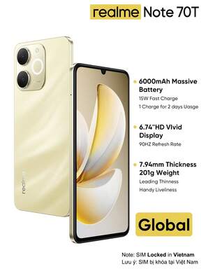 Realme Note T Smartphone 4GB+64GB/4GB+128GB/4GB+256GB Global Version 4G LTE, Android 15 Unlocked Cellphone, 6000mAh Large Battery, 50MP AI Camera, 90Hz Screen Mobile Phone Pluse Light, 15W Fast Charge, 8-Core Chipest, No Adaptor, SIM Locked In Vietnam $90