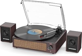 Record Player with External Bookshelf Speakers Belt-Drive Vintage Turntable for Vinyl Records Passive Dual Stereo Speakers LP Players 3 Speed Wireless AUX Headphone Auto Stop Retro Wooden Dark Red