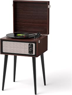Record Player with Stand & Speakers, Bluetooth Turntable, Espresso | Vintage standing record player with detachable legs, PC recording, 33/45/78 RPM belt drive, auto stop, RCA/AUX/headphone jack