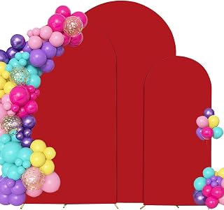 Red 6,6.6,7.2ft Set of 3 Spandex Arch Backdrop Cover (No Stand) | Round Top Double-Sided Spandex Fitted Wedding Arch Cover For Party Birthday Baby Shower Anniversary Event Banquet Decoration