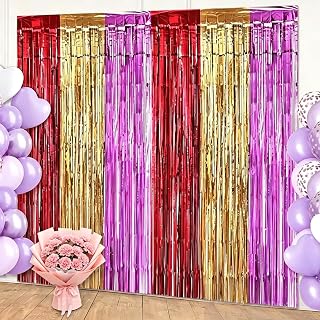 Red Gold Pink Foil Fringe Curtains Backdrop Mother's Day Party Decorations, 2 Pack 3.28 x 6.56 Ft Red Gold Pink Tinsel Streamers Banner Background for Happy Mothers Day Party Birthday Decor Favors