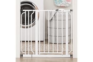 Regalo Safety 29"-38.5" Easy Step Baby Gate, Bottom of Stairs & Doorways | Pressure Mounted with Door, For Babies, Toddlers & Pets, White, Tested & Trusted for 30 Years