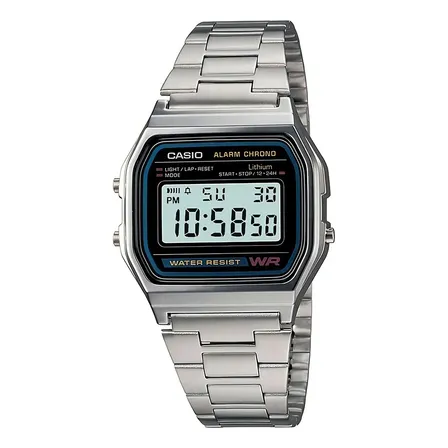 Reloj Casio Hombre A-158wa Vintage Luz Correa Autoajustable Malla Plateado Bisel Gris Fondo P