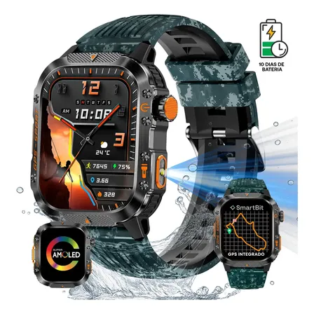 Reloj Inteligente Hombre Sumergible Smartbit Tracker Camuflado Azul Gps Satelital Integrado 3 Atm Mensajes Llamadas Deportivo Cuadrado 10 dias de Bateria Super AMOLED Salud