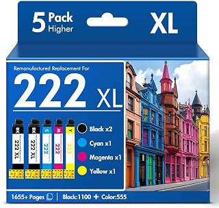 Remanufactured for 222XL Ink Cartridge Combo Pack for 222 for Epson XP-5200 | Compatible for 222 Ink Cartridges Combo Pack for Epson Printer XP5200 XP 5200 Workforce WF-2960 WF2960 WF 2960 (5Pack-2BKCMY)