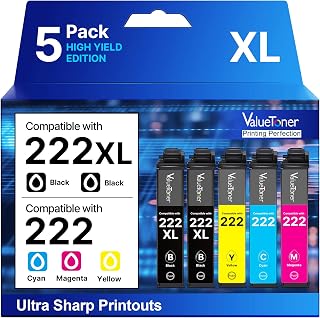 Remanufactured for 222XL Ink Cartridges for Epson Printer (5-Pack) High-Capacity Black & Standard Color for Epson 222 Ink Cartridges 222XL Work with Workforce WF-2960 Expression XP-5200 Printer