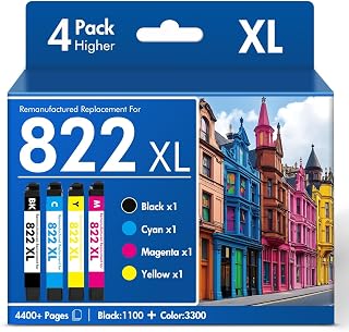 Remanufactured Compatible for 822XL Ink Cartridges Combo Pack for 822 XL for Epson WF-3820 WF-4830 WF-4820 Workforce Pro WF3820 WF-4833 WF-4834 WF-3823 WF 3820 4830 4820 4833 Printer (4 Pack, BKCMY)