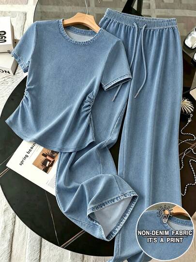 Resyla Women's Solid Color Round Neck Pleated Short Sleeve Top And Drawstring Waist Long Pants Casual Daily -Piece Set $4.8