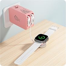 Retractable Apple Watch Charger, 5 in 1 Wall Charger with 3 Retractable Cables for Older iPhones & USB-C Devices, 35W Foldable Charger Block for iPhone 17/16/15/14, iPad, AirPods (Pink)