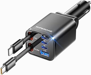 Retractable Car Charger, SUPERONE 99W Car Phone Charger with Dual Cables | 6 in 1 Fast Charging, USB C Car Charger Adapter, for iPhone 17 16 15 14 13 Samsung, Black, Ultra-Compact, 180&deg;Adjustable Plug