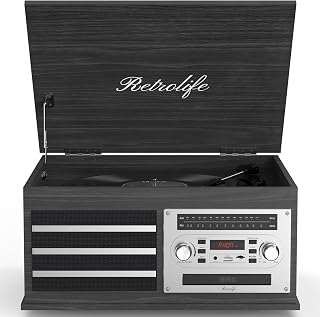 Retrolife&reg; Vinyl Record Player 10-in-1 Music Center Turntable Built-in Speakers 3 Speed BT Wireless Input/Output AM/FM Radio CD Tape Cassette Player Aux RCA Auto Stop Vinyl Recording to USB Black