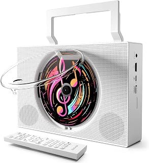 ROADOM Portable CD Player Boombox with Bluetooth, Rechargeable & FM Radio | Bluetooth 5.1 TX & RX, 4000mAh rechargeable, boombox CD player, FM radio, retro, HiFi stereo, sleep timer, USB/AUX, 5 formats