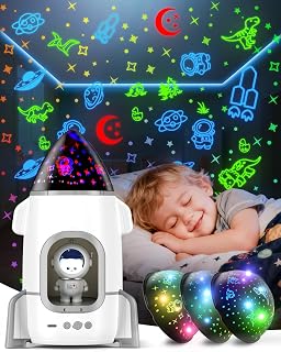 Rocket Astronaut Night Light Projector with Music, Films & 360&deg; Rotation | Rechargeable Ceiling Star Projector Lamp Sensory Toys for Boys Toddlers,Birthday Gifts for Kid's Room Decor & Calm Sleep