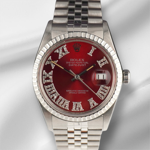 Rolex 36mm Datejust Steel Engine-Turned Red Roman Diamond Dial Watch 16030