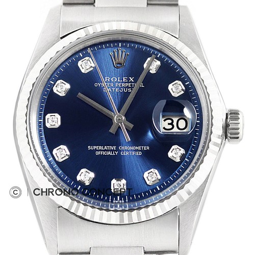 Rolex Datejust 18K White Gold & SS Blue Diamond Sapphire Jubilee Band Watch 1601