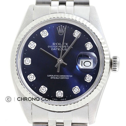 Rolex Datejust Blue Diamond Dial 18K White Gold & SS Jubilee Band Watch 16014