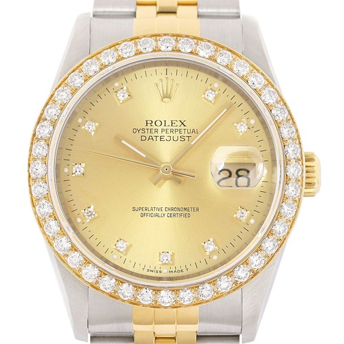 Rolex Datejust Champagne Factory Diamond 2 CT Bezel 18K Gold & SS Watch 16233