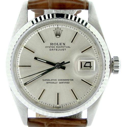 Rolex Datejust Men Stainless Steel 18K White Gold Watch Silver Dial Brown 1601