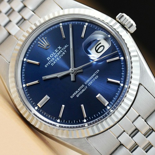 ROLEX MENS BLUE DIAL DATEJUST 1601 18K WHITE GOLD STAINLESS STEEL WATCH
