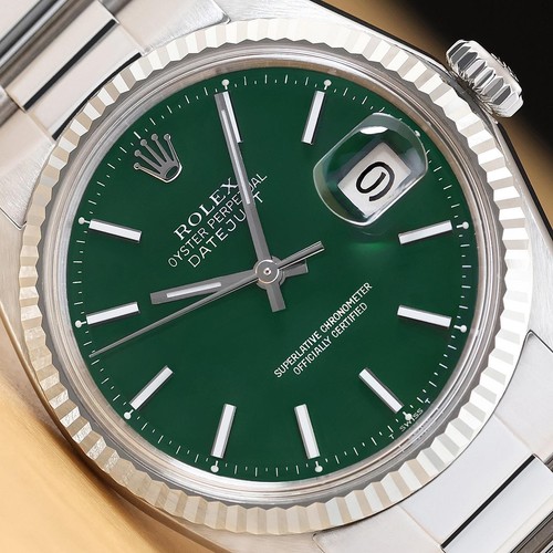 ROLEX MENS DATEJUST 1601 18K GOLD STAINLESS STEEL GREEN WATCH w/ OYSTER BAND