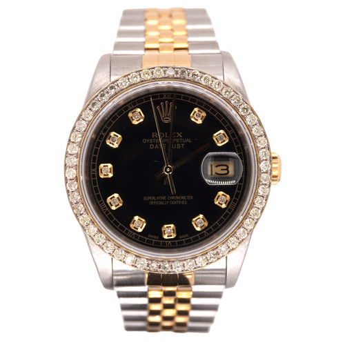 Rolex Mens Datejust 36mm 18k Yellow Gold & Steel ICED 1.75ct Diamonds Black Dial