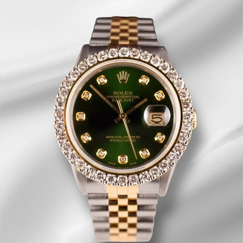Rolex Men's Datejust 36mm YG & Steel ICED 2.50ct Diamonds Green Dial Watch