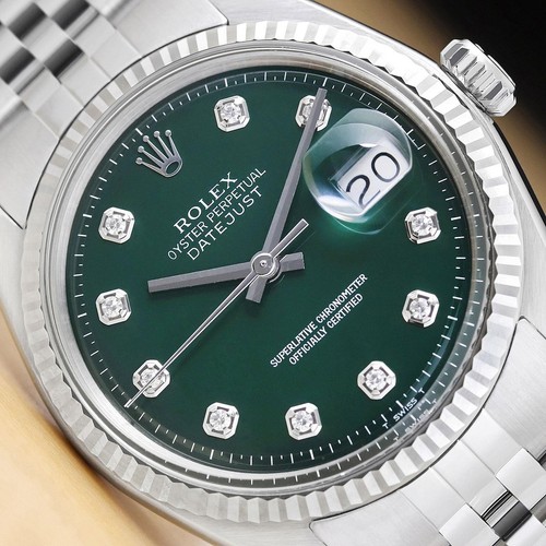 ROLEX MENS DATEJUST GREEN DIAMOND DIAL 18K GOLD STEEL WATCH w/ JUBILEE BAND