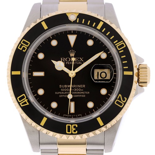 Rolex Men's Submariner Date Dial 18K Gold & SS Oyster Watch With Paper 16613LN