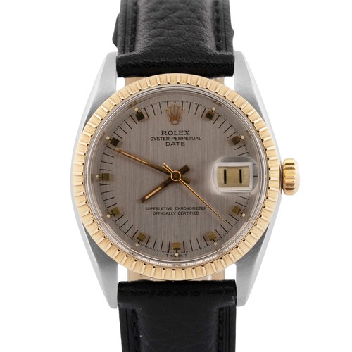 Rolex Oyster Perpetual Date GRAY Two-Tone Engine-Turned Gold 34mm 1505 Watch