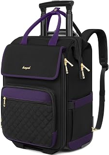 Rolling Backpack for Women, Travel Rolling Laptop Backpack with Wheels, Vertical & Horizontal Storage 2 In 1, Flip-Top Design, Water-Resistant Overnight Underseat Carry on Luggage, Black Purple