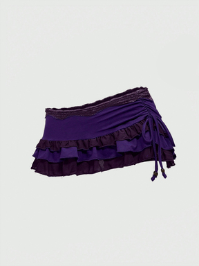 ROMWE Grunge Punk Women Spring Summer Low-Waist Lace Trim Layered Ruffle Tie-Up Asymmetric Ruched Purple Mini Skirt  16% OFF