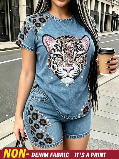 Rovax Women's Summer Casual Denim Effect Leopard Print Top And Shorts -Piece Set $1.79