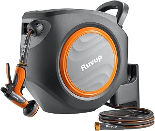 Ruvup Garden Hose Reel 1/2"x150ft Retractable Water Hose With Metal Bracket | Automatic Rewind, Slow Auto Retraction, Wall Mounted, UV Resistant, Heavy Duty, Any Length Lock, 10 Spray Nozzle, 180&deg; Swivel
