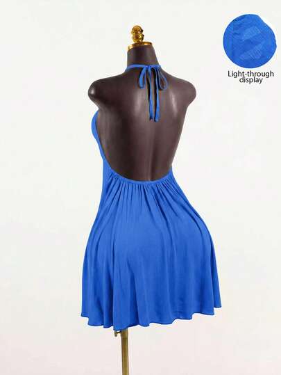 SaltGleam SaltGleam Women's Solid Color Halter Neck Tie Back Open Back Ruched Sexy Date Mini Dress