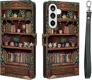 for Samsung Galaxy S26 Plus Wallet Case with Wrist Strap,RFID Blocking Leather Flip Folio Phone Case, Kickstand Card Holder Protective Cover for Women,Vintage Bookshelf Floral