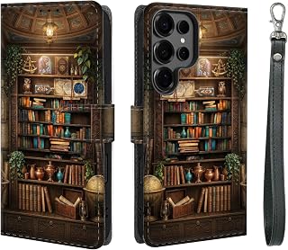 for Samsung Galaxy S26 Ultra Wallet Case with Wrist Strap,RFID Blocking Leather Flip Folio Phone Case, Kickstand Card Holder Protective Cover for Women,Vintage Library Bookcase