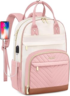 School Backpack for Women Teen Girls - 15.6 inch Laptop Backpack with USB Charger Waterproof College Bookbag Casual Daypack Computer Backpack for Work Travel Backpacks for Teacher Nurse Pink Beige