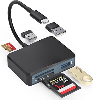 SD Card Reader, 5 in 1 USB-C & USB Card Adapter with SD/MicroSD/MS and Dual USB-A Ports Memory Card Reader for iPhone 17/16/15 Pro Max iPad MacBook Pro/Air M4/M3 Android Phone/Tablet PC (Black)