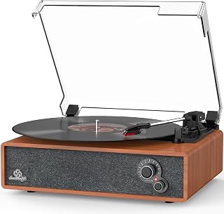 Seasonlife&reg; Retro Vinyl Record Player with Stereo Speakers,Walnut Red | Patented Design,Wooden Vintage Turntable,Tone Adjustment,LP Phonograph,Belt Drive,3 Speed,BT Wireless Input,Auto Stop,RCA