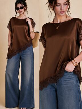 Selenza Women's Satin Lace Trim Pullover Asymmetrical Short Sleeve Patchwork Casual Elegant Minimalist Loose Commute Coffee Brown Shirt T-Shirt Summer Office  Flash Sale