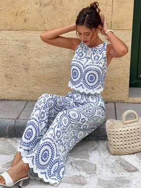 Serisse pcs/Set Women Contrast Color Allover Print Casual Sleeveless Top And Loose Fit Wide Leg Pants Summer Blue Vacation Holiday Resort $6.93 70% OFF