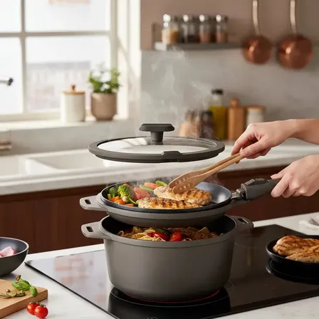 Set de Bater&iacute;a de Cocina Carol, 6 Piezas Antiadherente para Inducci&oacute;n, con Mango Extra&iacute;ble Gris Oscuro